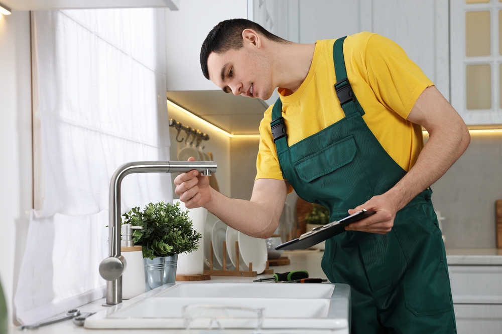 Smiling,Plumber,With,Clipboard,Examining,Faucet,In,Kitchen Smiling plumber with clipboard examining faucet in kitchen